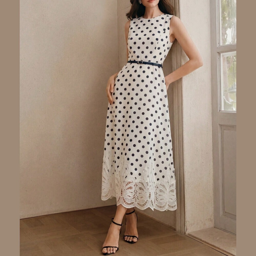 White / Black Polka Dot Sleeveless Maxi Dress with Scalloped Lace Hem